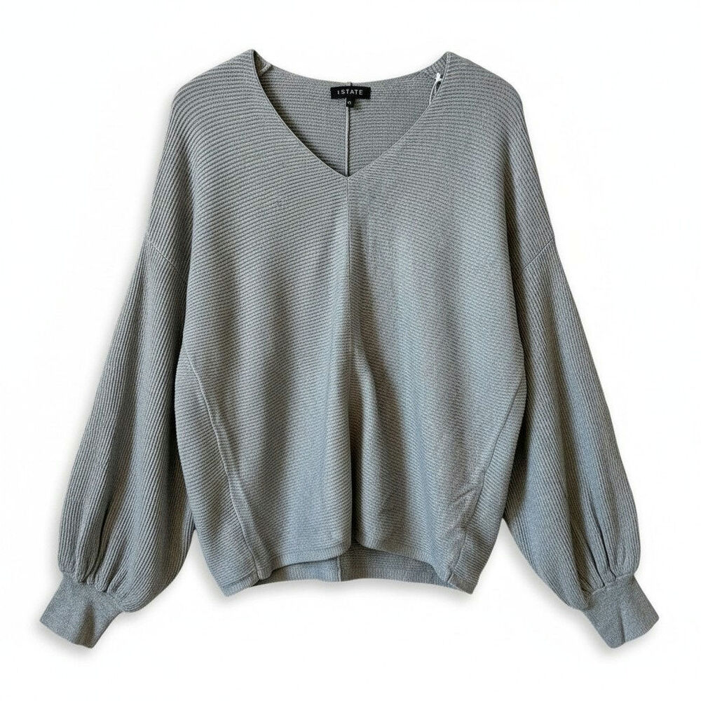 1 State New Womens V Neck Balloon Sleeve Rib Knit Pullover Sweater Gray Medium